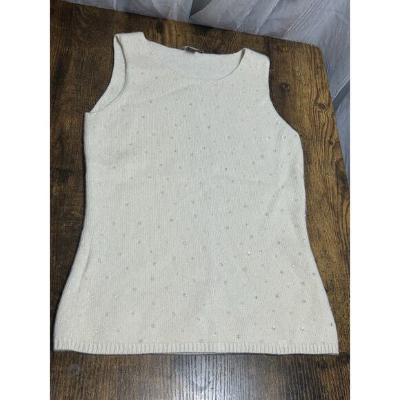VTG Y2K ivory rhinestone beaded 100% Cashmere sleeveless sweater Tank Top Sz Xs - Picture 1 of 8